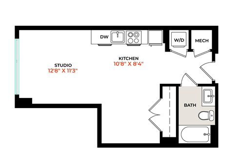 Floor plan for studio, 1 bath, 480 sqft